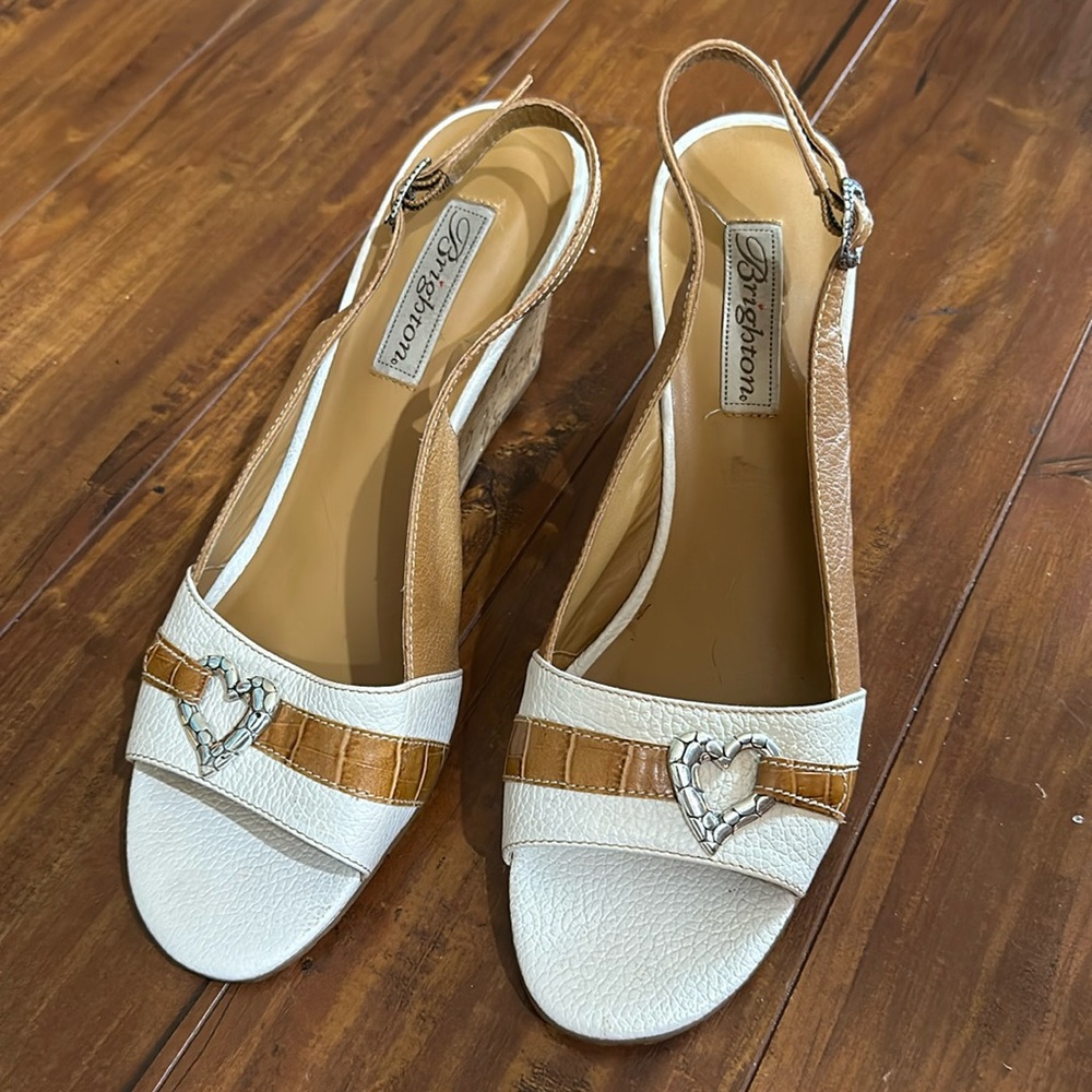 Brighton Rally Heart Cork Wedge Slingback Sandals White Tan 10M